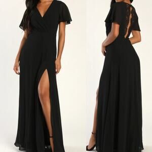 LULUS M Black Precious Days Lace Flutter Sleeve Surplice Maxi Dress NEW b169